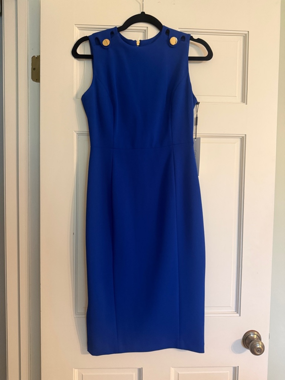 Calvin Klein Cobalt Blue Sleeveless Sheath Dress with Gold Buttons
